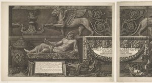 Titeltryck med skulpturer, snidade reliefer och en sarkofag med titel Vaser, ljusstakar, gravstenar, sarkofager, stativ, lampor och ornament designade och graverade av Giovanni Battista Piranesi (serietitel) Vasi, kandelabri, cippi, sarkofager av Giovanni-Battista Piranesi