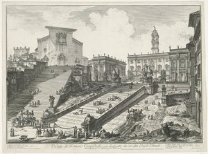 Trappen till Piazza del Campidoglio en de Santa Maria i Aracoeli te Rom Utsikt över den romerska Capitolium med trappa som leder till kyrkan Araceli (titel på objektet) Gezichten op Rome (serietitel) Vy över Rom tecknade och graverade av Giambattista Pira av Giovanni-Battista Piranesi