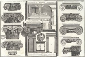 Olika romerska joniska huvudstäder jämfört med grekiska exempel..., mitten av 1700-talet. av Giovanni Battista Piranesi