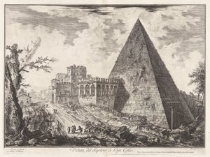 Utsikt över Sepolcro di Cajo Cestio (Utsikt över Caius Cestius pyramidalgrav [med Porta S. Paolo till vänster]), från Vedute di Roma (Utsikt över Rom) av Giovanni Battista Piranesi