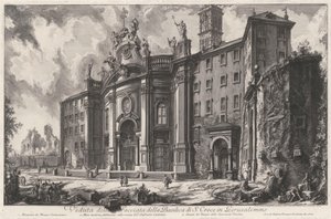 Vy över fasaden på basilikan Santa Croce in Gerusalemme av Giovanni Battista Piranesi