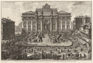 Perspektivisk vy över den stora fontänen vid Acqua Vergine, kallad Trevifontänen, arkitektur av Nicola Salvi, ur Vedute di Roma av Giovanni Battista Piranesi