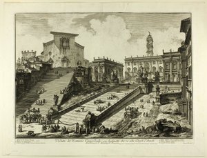 Utsikt över Capitoline Hill med trappstegen till kyrkan S. Maria i Aracoeli, från utsikt över Rom av Giovanni-Battista Piranesi
