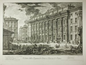 Ansicht des Zollhauses auf der Piazza di Pietra, das innerhalb der Ruinen des Tempels von Marcus Aurelius Antoninus Pius in seinem Forum erbaut wurde, aus Ansichten von Rom von Giovanni-Battista Piranesi