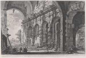 Utsikt över den övre våningen i Burarna för vilda djur byggda av kejsar Domitianus, förknippade med den flaviska amfiteatern och vanligen kallad Curia Hostilia, c.1760-1778 (etsning) av Giovanni Battista Piranesi