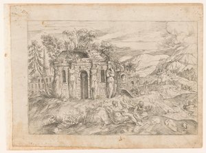 Landskap med antikt tempel med karyatider av Giovanni Battista Pittoni (I) (attributed to)