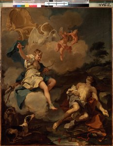 Diana och Endymion (Diana och Endymion). I grekisk mytologi besöker Diana (Artemis) Endymion under natten och faller i en evig sömn bara för att begrunda sin skönhet. Målning av Giambattista (Giovan Battista) (Giovanni Battista) Pitton