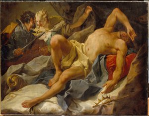 Döden av kung Candaules (eller Sadyatte eller Myrsile, kung av Lydia, 800-talet f.Kr.). (Death Of King Candaules) - Mördad av Gyges, hans förtrogne och rival, som knivhugger honom och gifter sig med hans fru drottning Tudo - Målning av Giambattista (Giovan