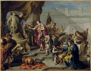 Afrikanen Scipion (Publius Cornelius Scipio Africanus) (235-183 f.Kr.) hyllar guden Mars (Scipio hyllar Mars) - Målning av Giovan Battista Pittoni (1687-1767), olja på duk (71,7x91,1 cm) - Privat samling