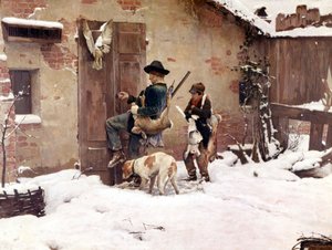 Tillbaka från jakten. Målning av G.Quadrone. 1890 Milano
