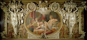Danae, detalj av dekorativt schema i Francis I:s galleri, 1530-40 fresk av Giovanni Battista Rosso Fiorentino