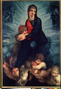Jungfrun och barnet med änglar (Jungfrun och barnet med änglar). Målning av Fiorentino Rosso (1495-1540). Olja på duk av Giovanni Battista Rosso Fiorentino