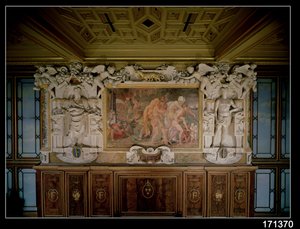 Plundringen av Troja eller Catania, detalj av det dekorativa schemat i Francis I:s galleri (1494-1547) 1535-40 (fresk och stuckatur) av Giovanni Battista Rosso Fiorentino