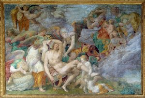Adonis död, fresk av den 5:e södra traven på Francois I:s galleri i Fontainebleau. Målning av Giovanni Battista di Jacopo Rosso (1494-1541)