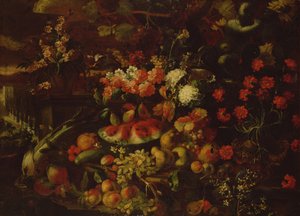 Stilleben med frukt, grönsaker och blommor av Giovanni Battista Ruoppolo or Ruopolo
