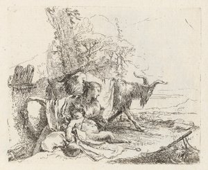 En nymf med en liten satyr och två getter, från Vari capricci (Various Capriccios) av Giovanni Battista Tiepolo