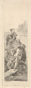 En skäggig, sittande man tittar över sin högra axel mot ett barn och en kvinna som bär..., ca. 1750-55. av Giovanni Battista Tiepolo