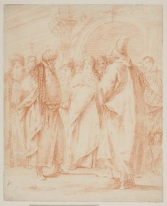En grupp män samlades framför en port av Giovanni Battista Tiepolo