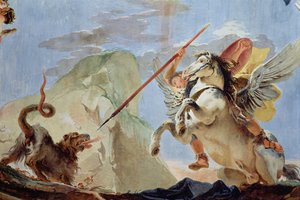 Bellerophon, rider Pegasus, dödar Chimaera, detalj av takfresken se även 64554 av Giovanni Battista Tiepolo