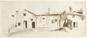 Gårdsbyggnader med öppna dörrar, bro och grind av Giovanni Battista Tiepolo