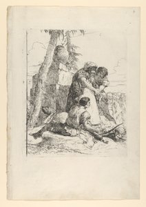 Trollkarl som pekar ut ett brinnande huvud till två ungdomar, från Scherzi, ca. 1743-50. av Giovanni Battista Tiepolo