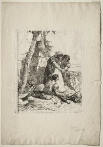 Scherzi di Fantasia: Trollkarl som pekar ut ett brinnande huvud till två ungdomar av Giovanni Battista Tiepolo