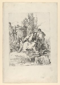 Sittande trollkarl, pojke och fyra figurer från Scherzi di Fantasia, ca. 1743-50. av Giovanni Battista Tiepolo