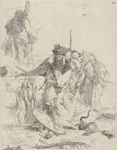 Sex personer tittar på en orm, från Scherzi, ca. 1743-50. av Giovanni Battista Tiepolo