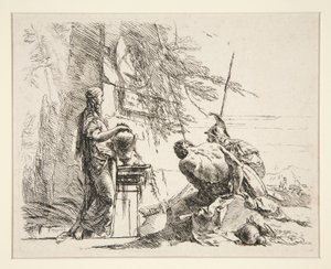 Stående kvinna och sittande man framför en obelisk, från serien Vari Capricci av Giovanni-Battista Tiepolo