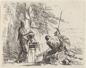 Stående kvinna och sittande män framför en obelisk av Giovanni Battista Tiepolo