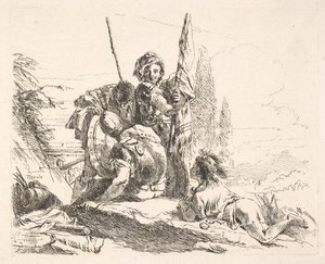 Tre soldater och en yngling som ligger på magen i ett landskap, soldaterna bär en..., ca. 1740-42. av Giovanni Battista Tiepolo