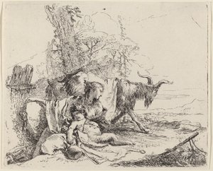 Kvinna, Satyrbarn och get i ett landskap av Giovanni Battista Tiepolo