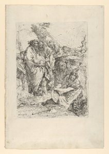 Kvinna som knäböjer framför magiker och andra figurer, från Scherzi, ca. 1743-50. av Giovanni Battista Tiepolo