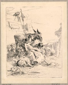 Kvinna med två barn och en åsna, tallrik 21 från Scherzi di Fantasia av Giovanni Battista Tiepolo