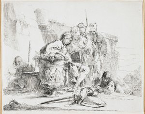Ung man sittande, lutad mot en urna, tallrik från Vari Capricci (Various Caprices), 1740-talet av Giovanni Battista Tiepolo