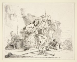 Ung man sittande och lutad på en urna, från serien Vari Capricci av Giovanni Battista Tiepolo