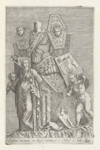 Trofee van wapans, een vrouwenfiguur och engelen En marmortrofé som vissa tror (...) (titel på objekt) Antika skulpturer i Rom (serietitel) Ikoner av de antika statyerna av staden Rom som ses på offentliga platser (serietitel) av Giovanni Battista de