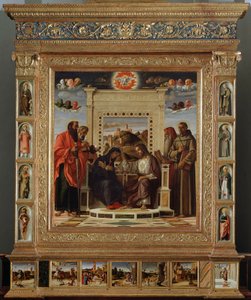 Altartavla Bellini: central del "" kröning av Jungfrun mellan Sankt Peter och Sankt Paulus (vänster) och Sankt Hieronymus och Sankt Francois av Assisi (höger)"" Oljemålning och repris av Giovanni Bellini (cirka 1432-1516) sa il Giambellino. 1475 ca. Su av Giovanni Bellini