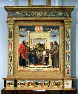 Jungfruns kröning med SS. Paulus, Peter, Hieronymus och Franciskus av Assisi med scener från helgonens liv i predellapanelen, känd som altartavlan Pala di Pesaro, ca 1474 (olja på panel) av Giovanni Bellini