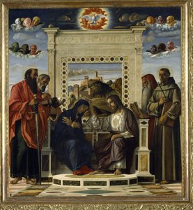 Jungfruns kröning med SS. Paulus, Peter, Hieronymus och Franciskus av Assisi med scener från helgonens liv i predellapanelen, känd som altartavlan 