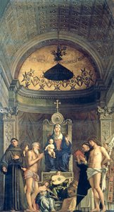 Madonna och barn tronande mellan SS. Franciskus, Johannes Döparen, Job, Dominic, Sebastian och Louis (San Giobbes altartavla) ca 1487 (för detaljer se 61101 och 276359) av Giovanni Bellini
