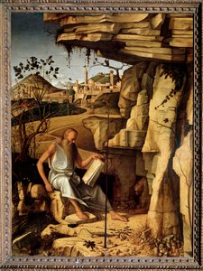 Saint Hieronymus i öknen Målning av Giovanni Bellini dit il Giambellino (ca 1430-1516) 1479 Dim 145x114 cm Palazzo Pitti Florence av Giovanni Bellini
