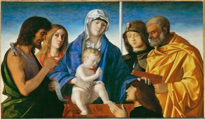 Jungfru Maria och barnet med Johannes Döparen, Magdalena, Georg och Petrus ... av Giovanni Bellini