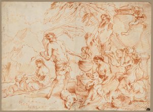 Bacchanal Before a Herm, tidigt 1660-tal (olja och rödbrunt pigment) av Giovanni Benedetto (1609 64) Castiglione