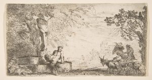 En satyr liggande vid foten av en staty av Priapus, getter till höger, ca. 1645-48. av Giovanni Benedetto Castiglione