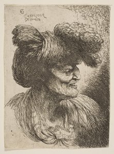 Byst av skägglös gubbe i profil vänd åt höger, från serien Small Head..., ca. 1645-1650. av Giovanni Benedetto Castiglione