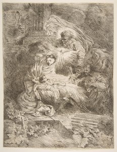 Gud Fadern iakttar jungfrun och barnet, änglar till höger, ca. 1645-47. av Giovanni Benedetto Castiglione