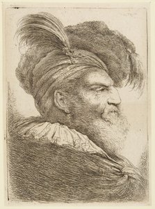 Huvud av en skäggig man med fjäderprydd hatt av Giovanni Benedetto Castiglione