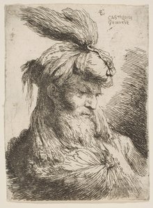 Huvud på en skäggig man med turban vänd åt höger, från serien Small Heads..., ca. 1645-1650. av Giovanni Benedetto Castiglione