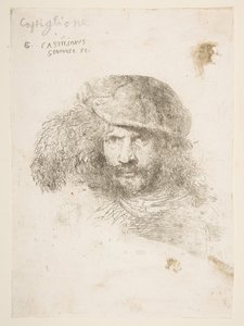 Huvudet på en man som bär en fjädermössa möjligen Bernini, möjligen ett självporträtt..., ca. 1645-1650. av Giovanni Benedetto Castiglione